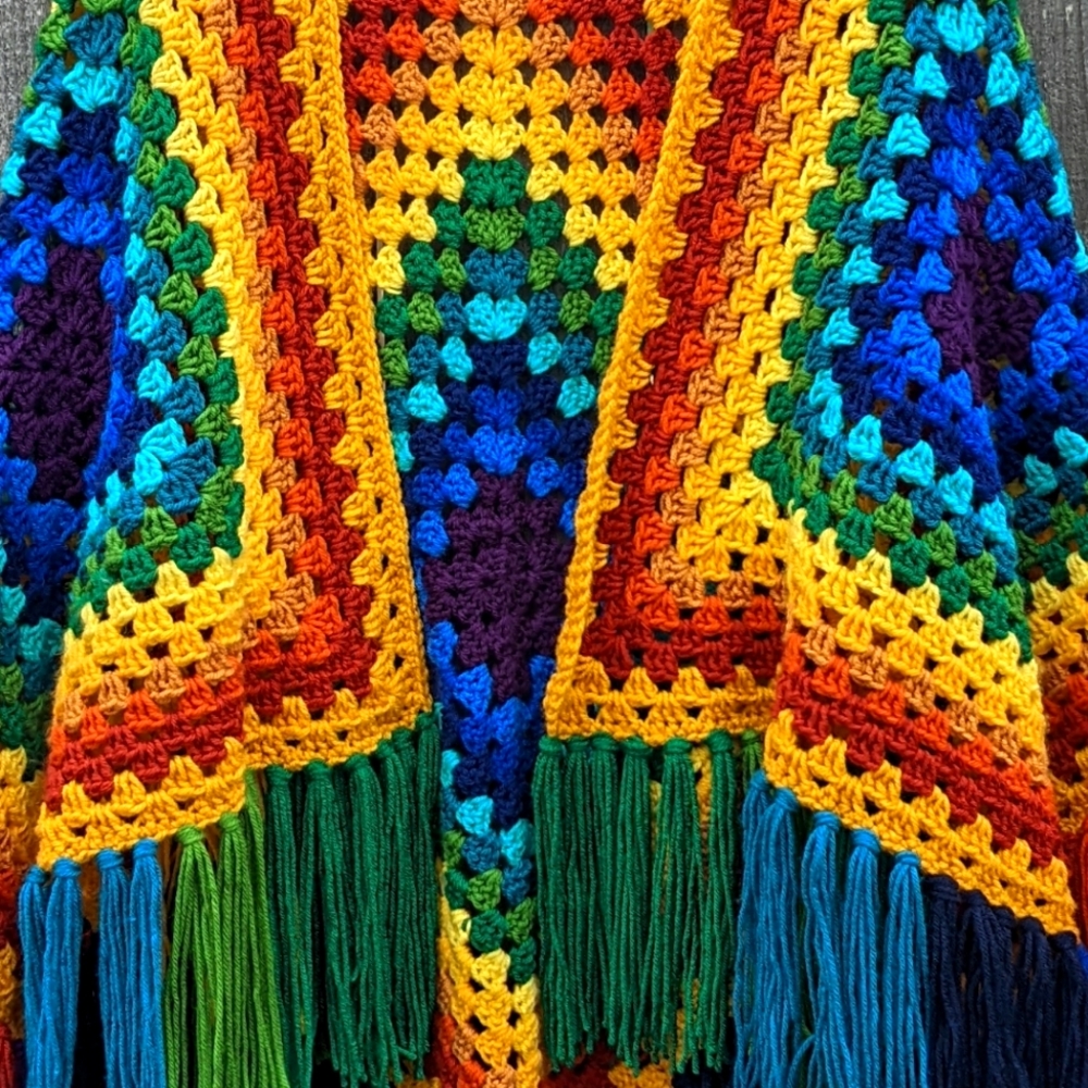 Vintage Style Crochet Granny Square Ruana In Muted Rainbow - Picture 3 of 4